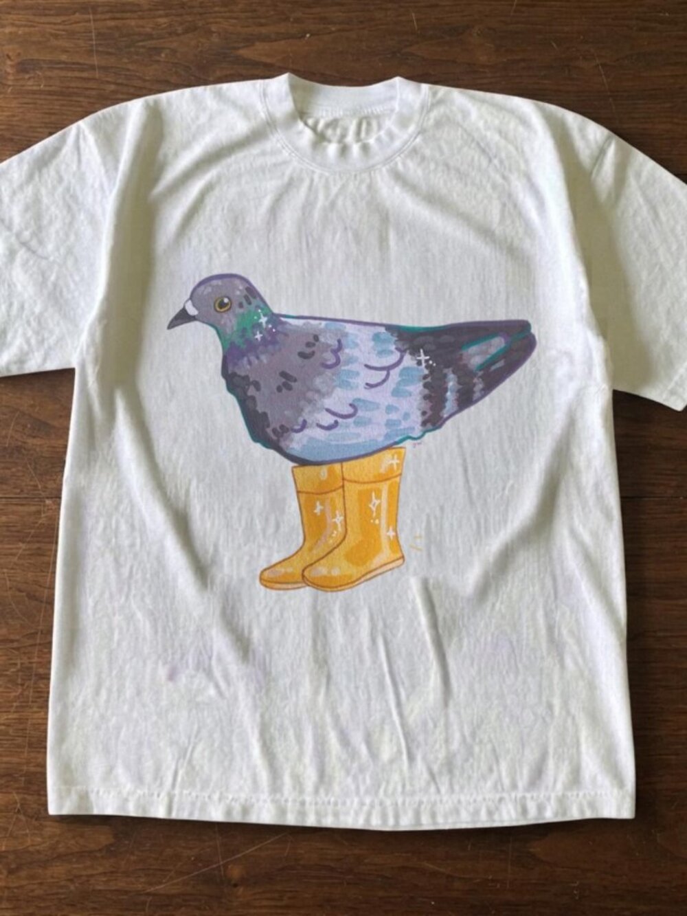 Pigeon In Yellow Rain Boots White Graphic Tee Reprinted